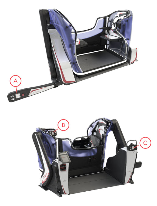 Mobile-friendly image showing front and back views of a modern pool lift with black, grey, white, and pink accents. Key features include the battery compartment, settings screen for adjusting pool depth and type, and audio options for visually impaired users. The pool lift features hand grab rails on both sides and a user-friendly platform, designed for universal accessibility and ease of use.